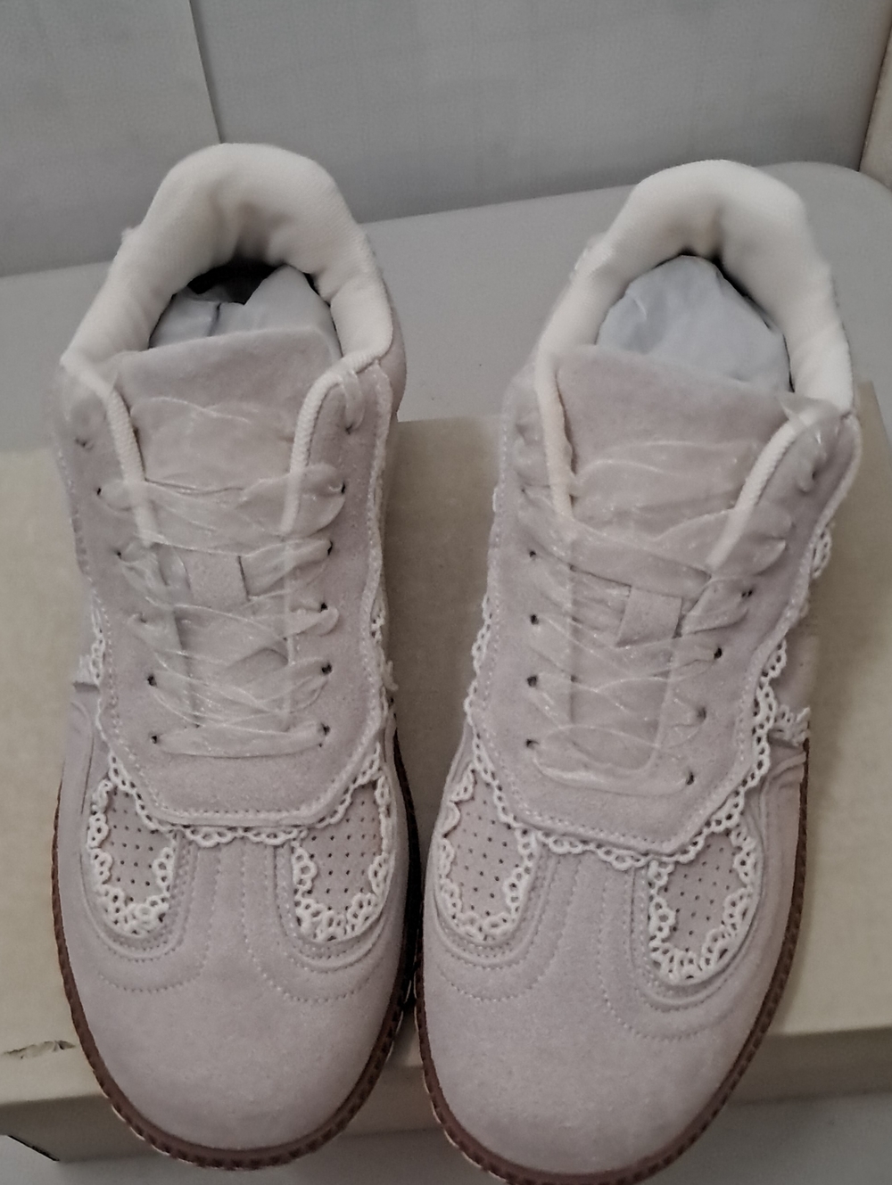 Women’s Size 8 Lace-Trim Suede Sneakers - Soft Beige NIB